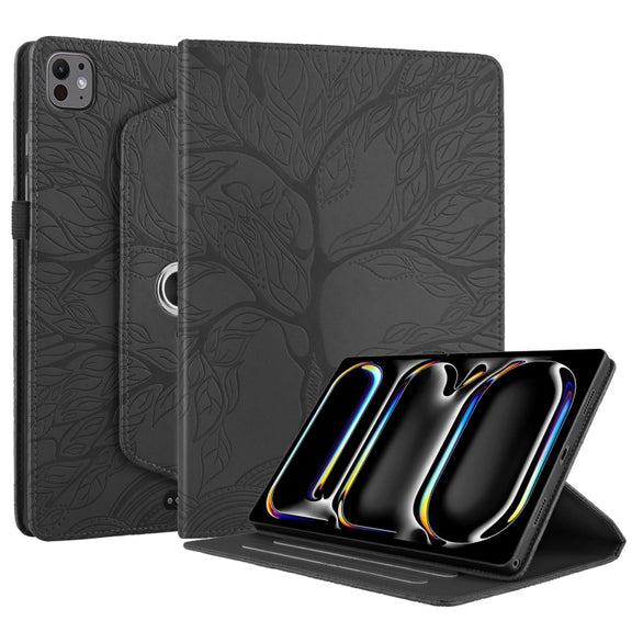 For iPad Pro 11 2024 Tree Life Embossed Rotation Leather Smart Tablet Case(Black)