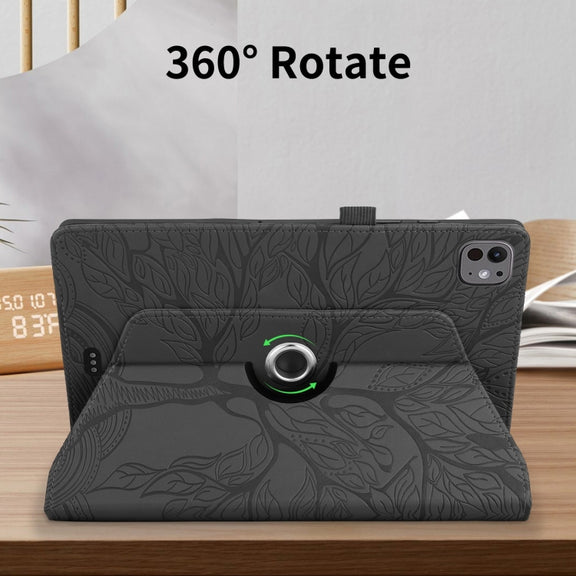 For iPad Pro 11 2024 Tree Life Embossed Rotation Leather Smart Tablet Case(Black)