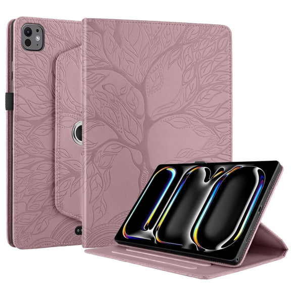 For iPad Pro 13 2024 Tree Life Embossed Rotation Leather Smart Tablet Case(Rose Gold)