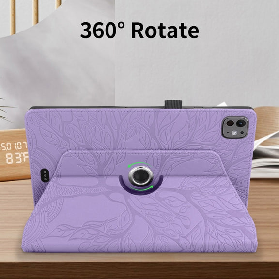 For iPad Pro 13 2024 Tree Life Embossed Rotation Leather Smart Tablet Case(Purple)