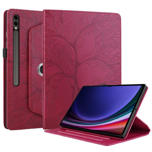 For Samsung Galaxy Tab S10 Ultra / S9 Ultra Tree Life Embossed Rotation Leather Tablet Case(Red)