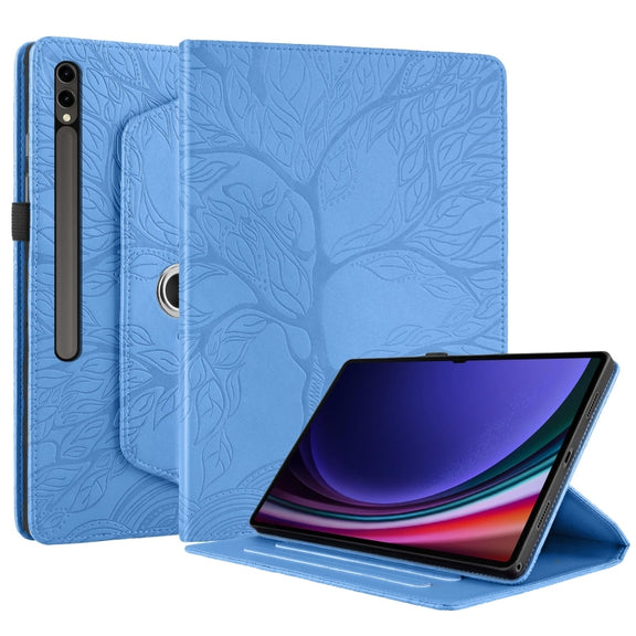 For Samsung Galaxy Tab S10 Ultra / S9 Ultra Tree Life Embossed Rotation Leather Tablet Case(Blue)