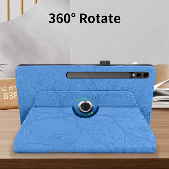 For Samsung Galaxy Tab S10 Ultra / S9 Ultra Tree Life Embossed Rotation Leather Tablet Case(Blue)