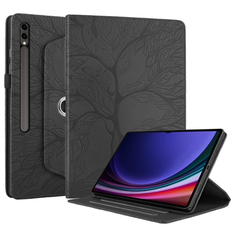 For Samsung Galaxy Tab S10 Ultra / S9 Ultra Tree Life Embossed Rotation Leather Tablet Case(Black)