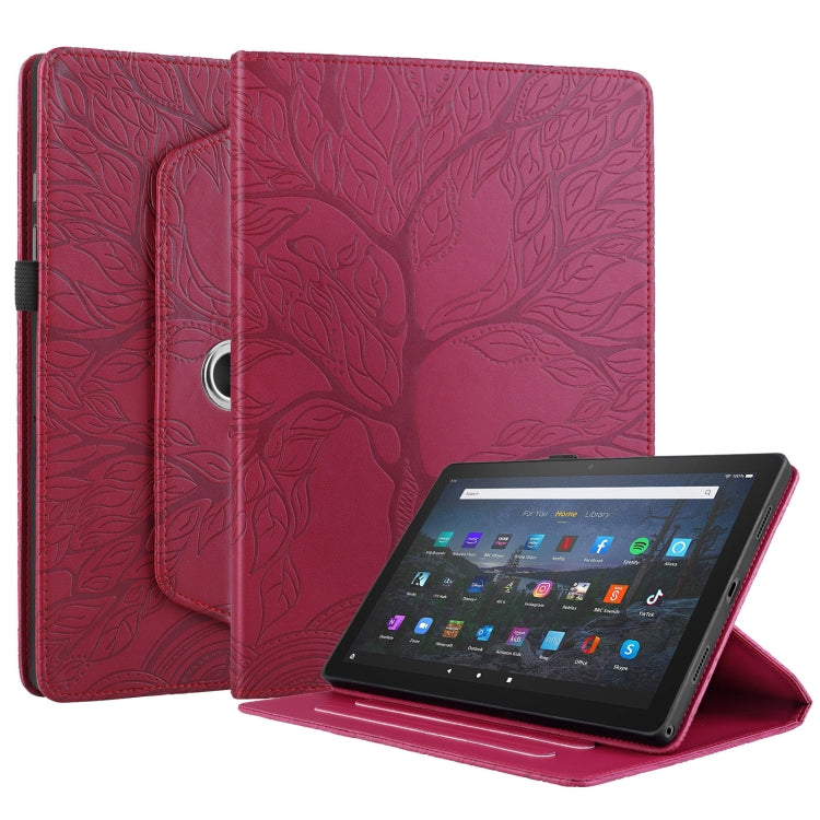 For Amazon Kindle Fire HD10 2021 Tree Life Embossed Rotation Leather Tablet Case(Red)