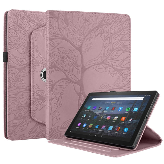 For Amazon Kindle Fire HD10 2021 Tree Life Embossed Rotation Leather Tablet Case(Rose Gold)