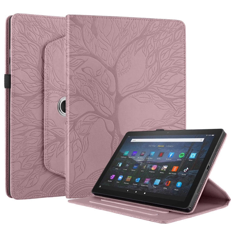 For Amazon Kindle Fire HD10 2021 Tree Life Embossed Rotation Leather Tablet Case(Rose Gold)
