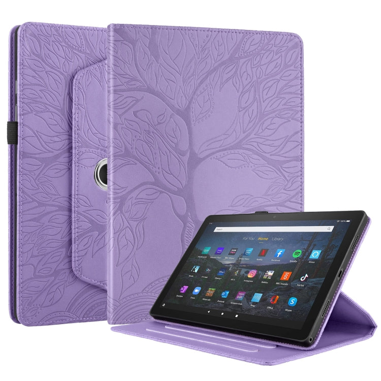 For Amazon Kindle Fire HD10 2021 Tree Life Embossed Rotation Leather Tablet Case(Purple)