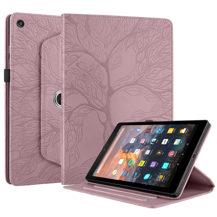 For Amazon Kindle Fire HD8 2015-2019 Tree Life Embossed Rotation Leather Tablet Case(Rose Gold)