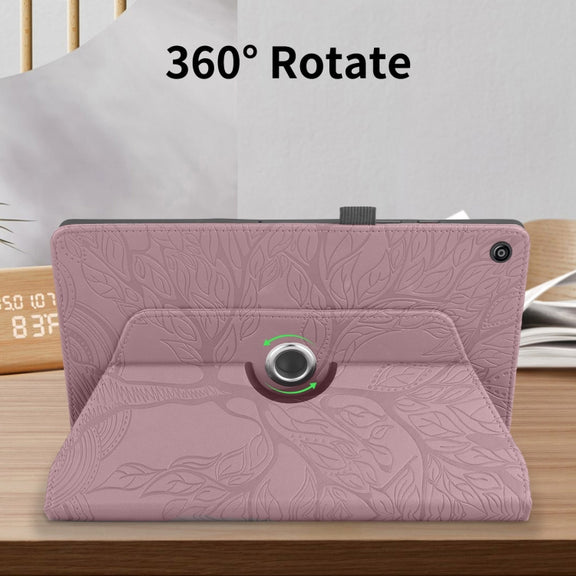 For Amazon Kindle Fire HD8 2015-2019 Tree Life Embossed Rotation Leather Tablet Case(Rose Gold)
