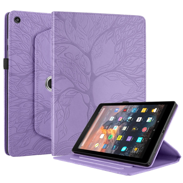 For Amazon Kindle Fire HD8 2015-2019 Tree Life Embossed Rotation Leather Tablet Case(Purple)