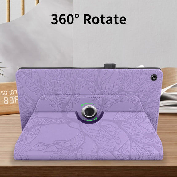 For Amazon Kindle Fire HD8 2015-2019 Tree Life Embossed Rotation Leather Tablet Case(Purple)