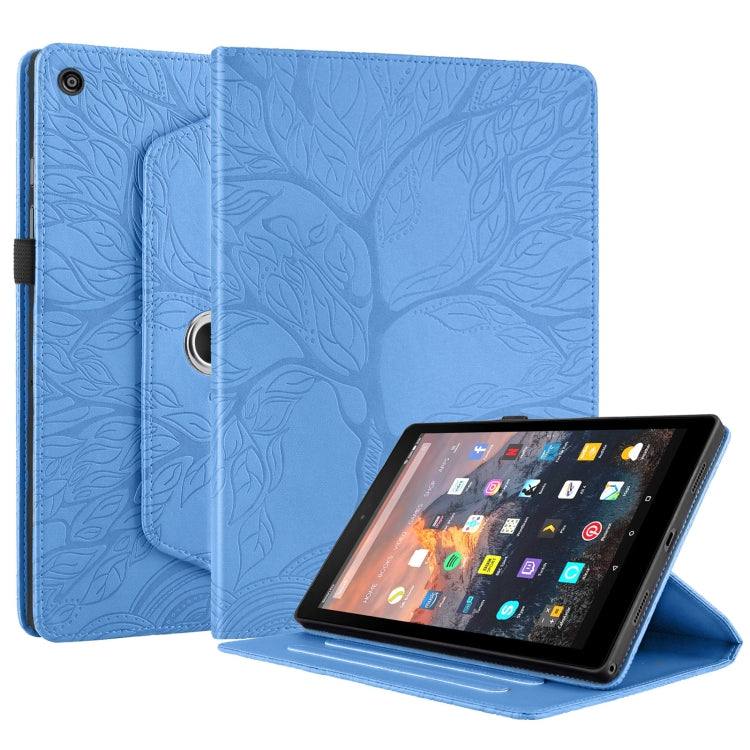 For Amazon Kindle Fire HD8 2015-2019 Tree Life Embossed Rotation Leather Tablet Case(Blue)