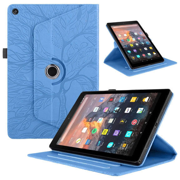 For Amazon Kindle Fire HD8 2015-2019 Tree Life Embossed Rotation Leather Tablet Case(Blue)