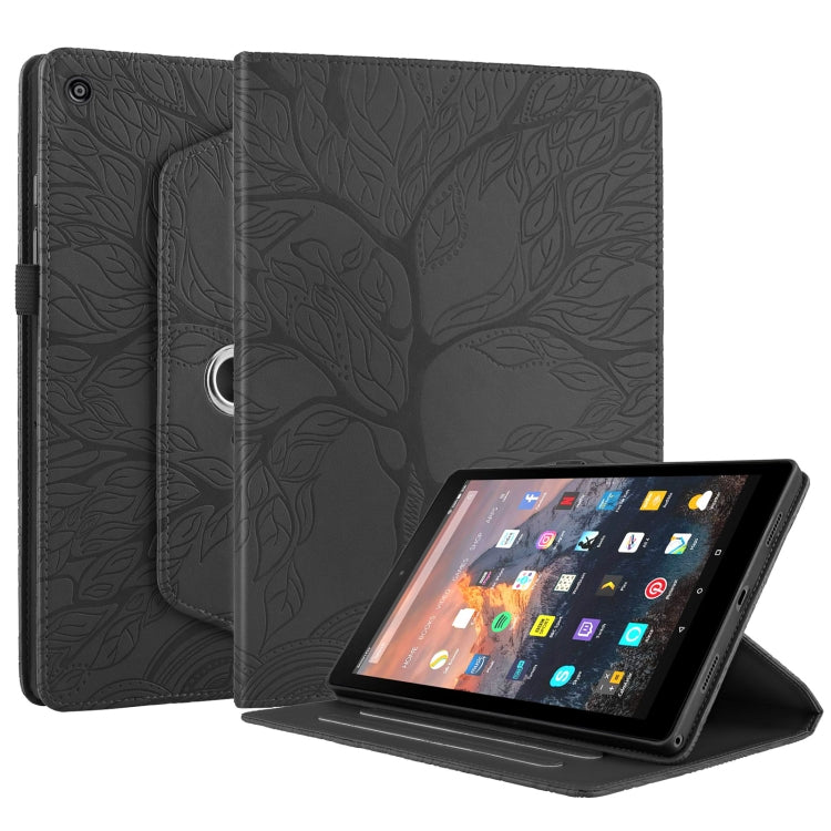 For Amazon Kindle Fire HD8 2015-2019 Tree Life Embossed Rotation Leather Tablet Case(Black)
