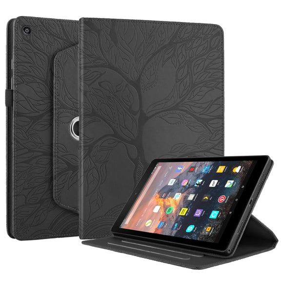 For Amazon Kindle Fire HD8 2015-2019 Tree Life Embossed Rotation Leather Tablet Case(Black)