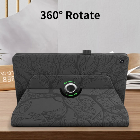 For Amazon Kindle Fire HD8 2015-2019 Tree Life Embossed Rotation Leather Tablet Case(Black)
