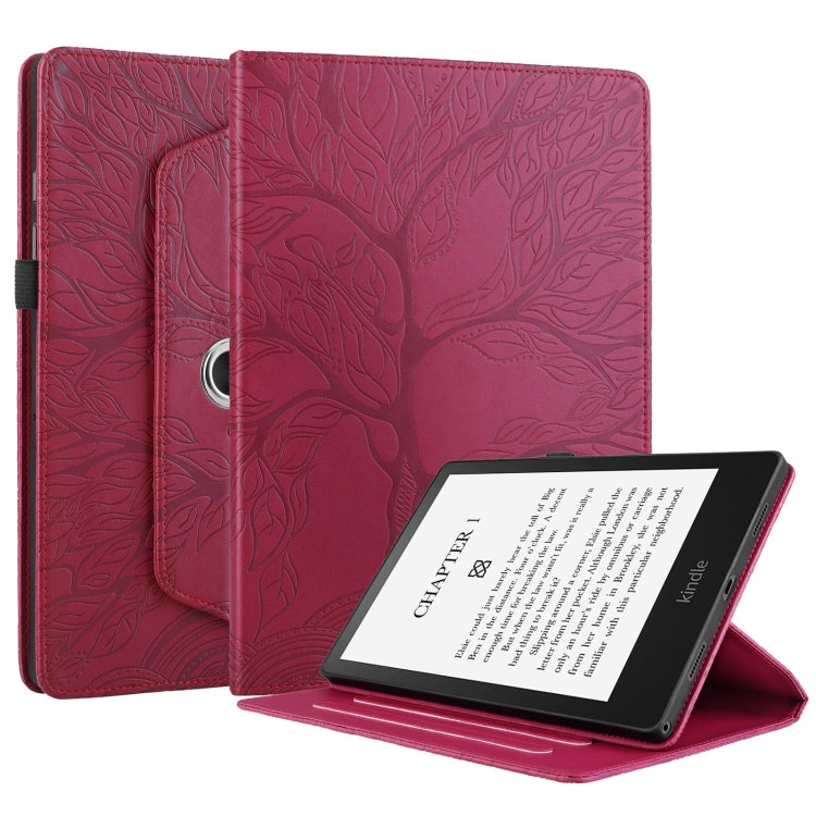 For Amazon Kindle Paperwhite 5 Tree Life Embossed Rotation Leather Smart Tablet Case(Red)