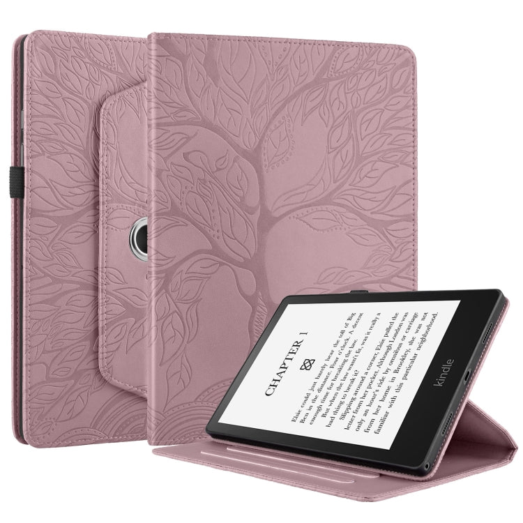 For Amazon Kindle Paperwhite 5 Tree Life Embossed Rotation Leather Smart Tablet Case(Rose Gold)