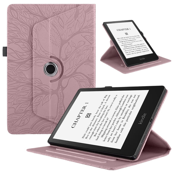 For Amazon Kindle Paperwhite 5 Tree Life Embossed Rotation Leather Smart Tablet Case(Rose Gold)