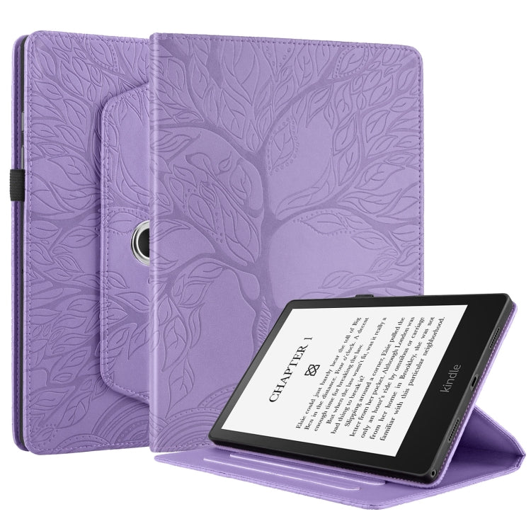 For Amazon Kindle Paperwhite 5 Tree Life Embossed Rotation Leather Smart Tablet Case(Purple)