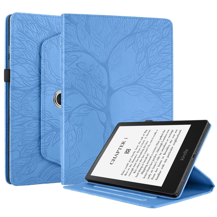 For Amazon Kindle Paperwhite 5 Tree Life Embossed Rotation Leather Smart Tablet Case(Blue)