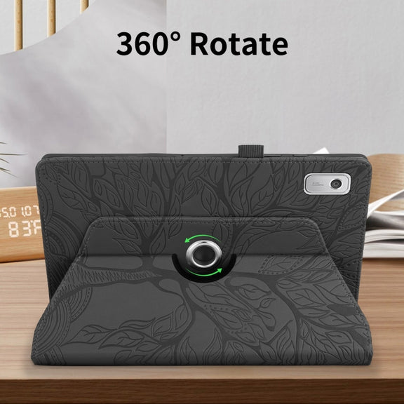 For Lenovo Tab M9 Tree Life Embossed Rotation Leather Tablet Case(Black)