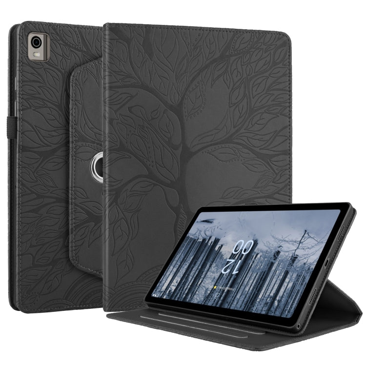 For Nokia T21 Tree Life Embossed Rotation Leather Tablet Case(Black)