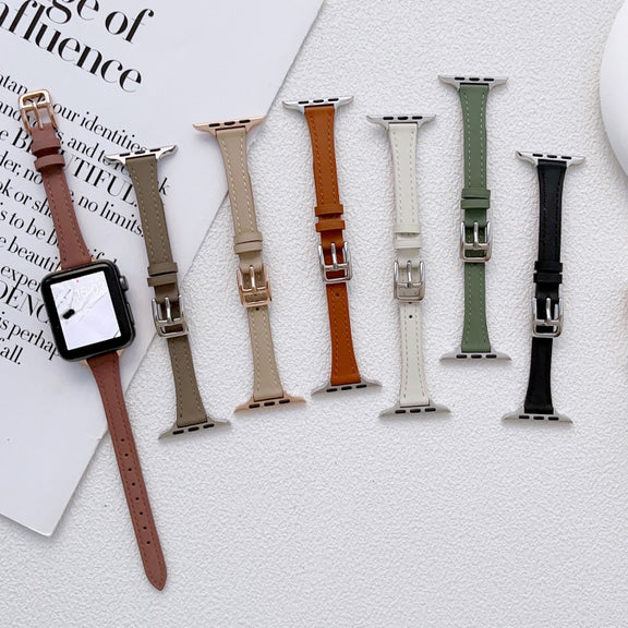 For Apple Watch Ultra 49mm T-shaped Slim Genuine Leather Watch Band(Black)