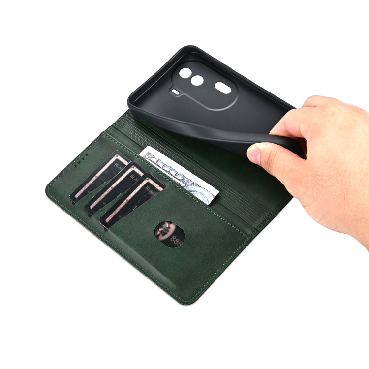 For OPPO Reno11 China AZNS Magnetic Calf Texture Flip Leather Phone Case(Dark Green)
