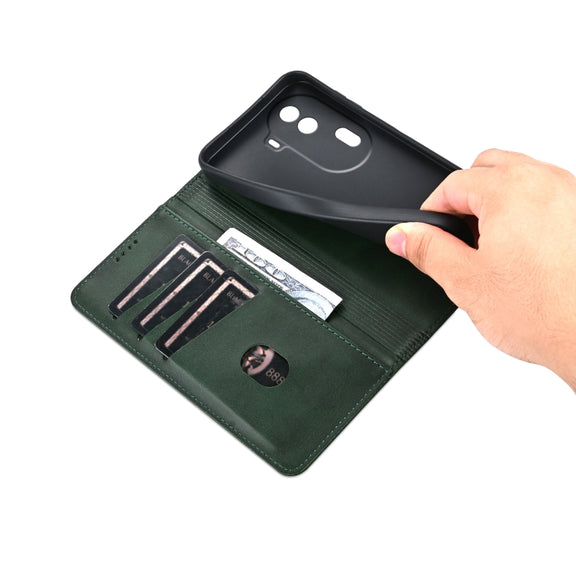 For OPPO Reno11 Pro China AZNS Magnetic Calf Texture Flip Leather Phone Case(Dark Green)