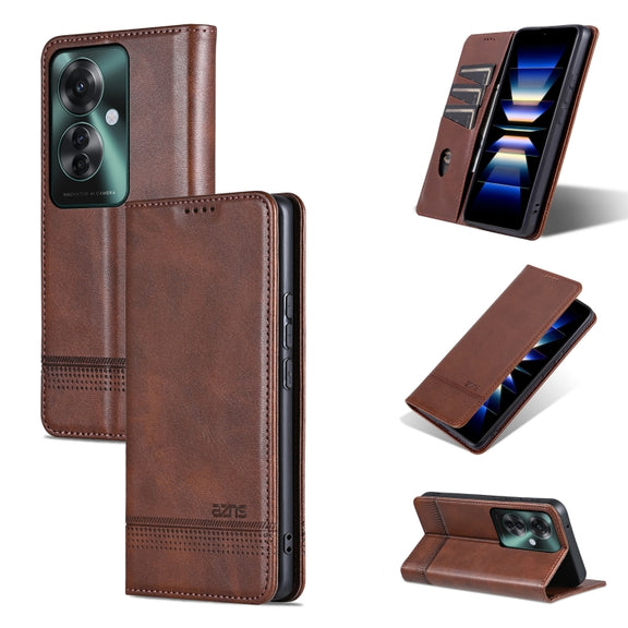 For OPPO Reno11 F AZNS Magnetic Calf Texture Flip Leather Phone Case(Dark Brown)