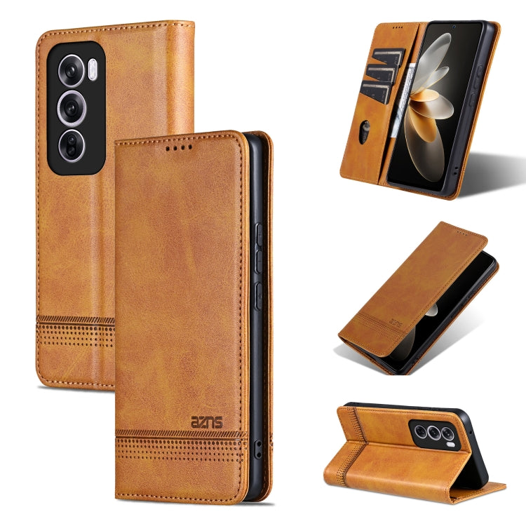 For OPPO Reno12 Global AZNS Magnetic Calf Texture Flip Leather Phone Case(Light Brown)