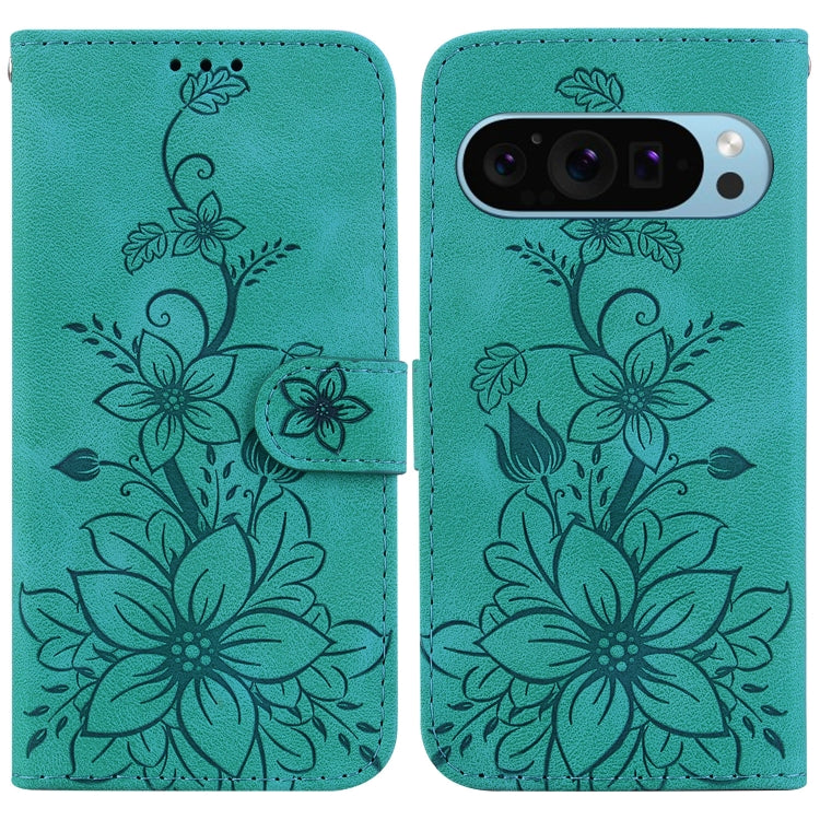 For Google Pixel 9 Pro Lily Embossed Leather Phone Case(Green)