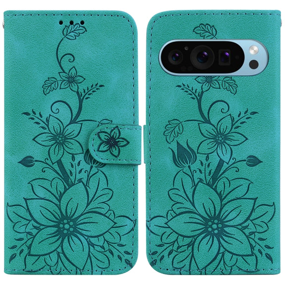 For Google Pixel 9 Pro Lily Embossed Leather Phone Case(Green)