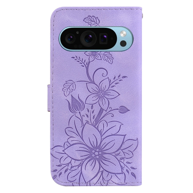 For Google Pixel 9 Pro Lily Embossed Leather Phone Case(Purple)