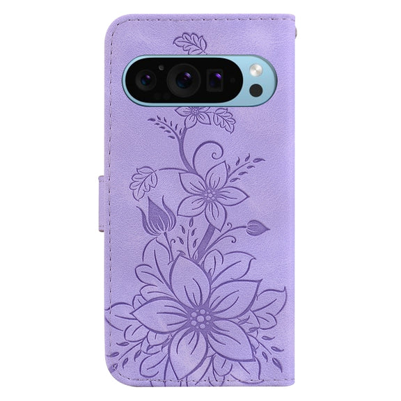 For Google Pixel 9 Pro Lily Embossed Leather Phone Case(Purple)