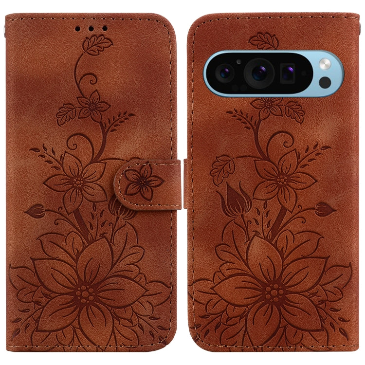 For Google Pixel 9 Pro Lily Embossed Leather Phone Case(Brown)