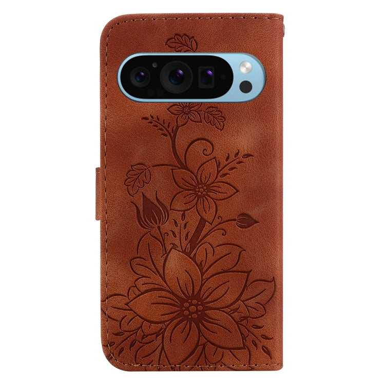 For Google Pixel 9 Pro Lily Embossed Leather Phone Case(Brown)
