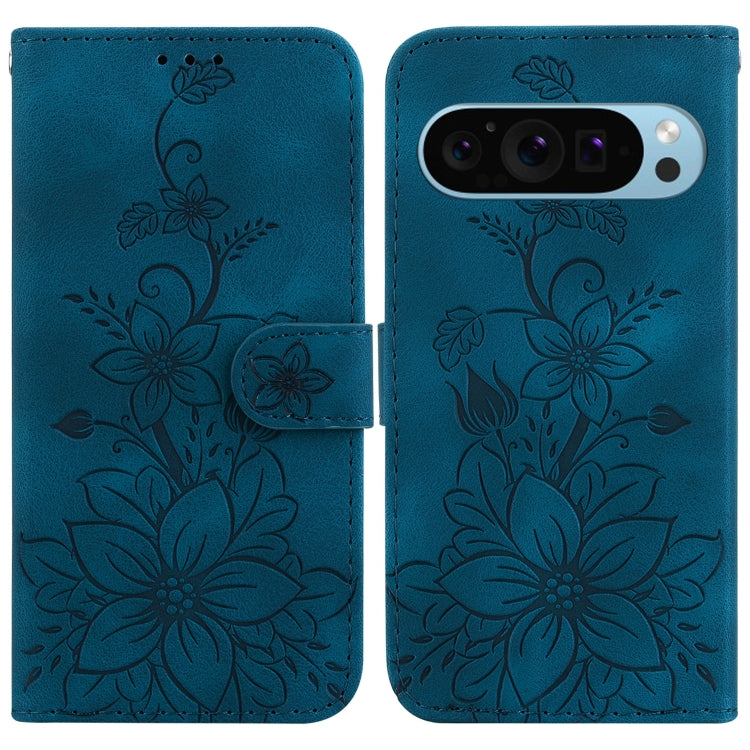 For Google Pixel 9 Pro Lily Embossed Leather Phone Case(Dark Blue)