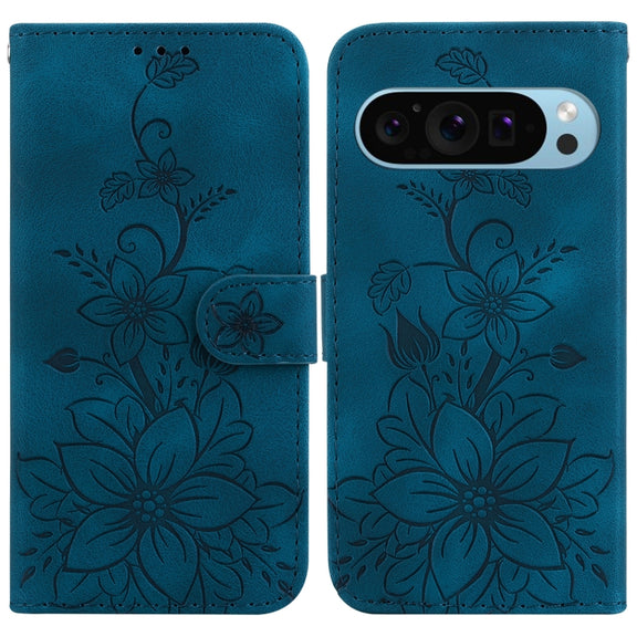 For Google Pixel 9 Pro Lily Embossed Leather Phone Case(Dark Blue)
