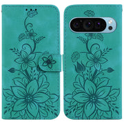 For Google Pixel 9 Lily Embossed Leather Phone Case(Green)