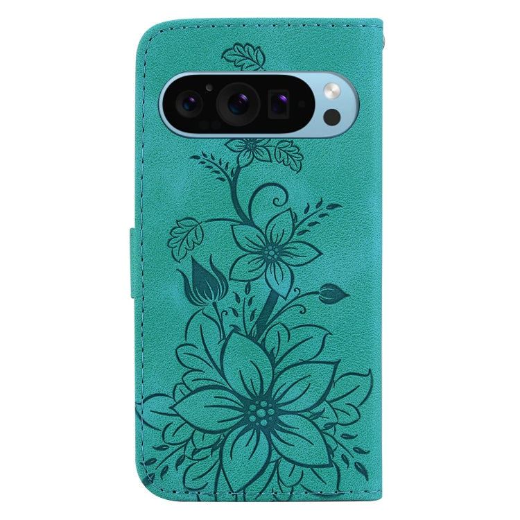 For Google Pixel 9 Lily Embossed Leather Phone Case(Green)