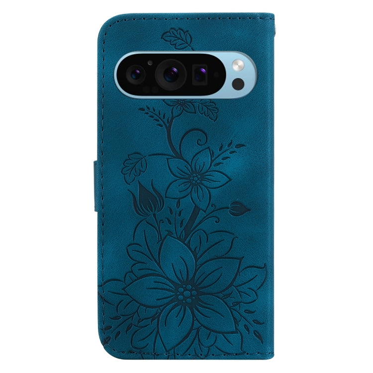 For Google Pixel 9 Lily Embossed Leather Phone Case(Dark Blue)