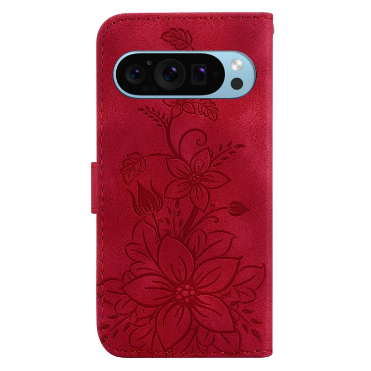 For Google Pixel 9 Lily Embossed Leather Phone Case(Red)