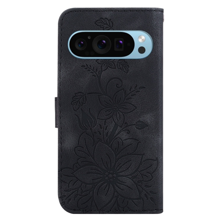 For Google Pixel 9 Lily Embossed Leather Phone Case(Black)