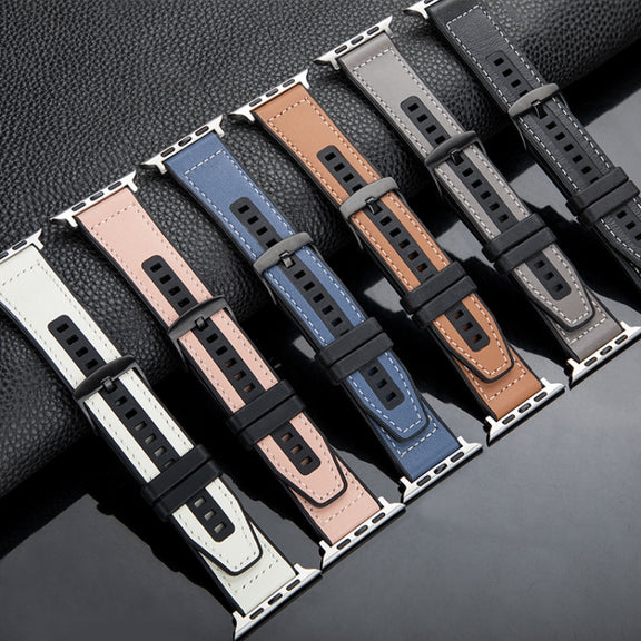 For Apple Watch Series 9 41mm Hybrid Leather Silicone Watch Band(Grey)