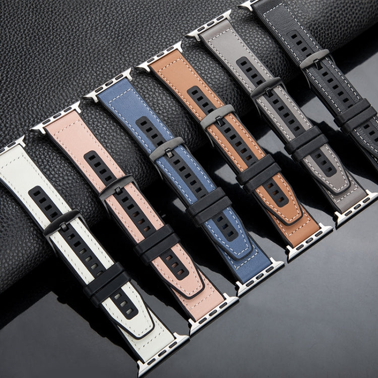 For Apple Watch Series 9 41mm Hybrid Leather Silicone Watch Band(Grey)