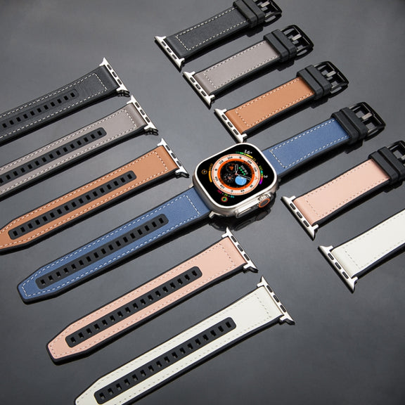For Apple Watch Series 9 41mm Hybrid Leather Silicone Watch Band(Grey)