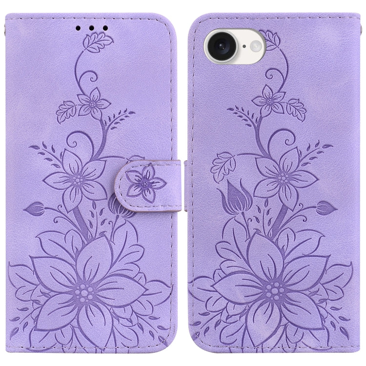 For iPhone 16e Lily Embossed Leather Phone Case(Purple)